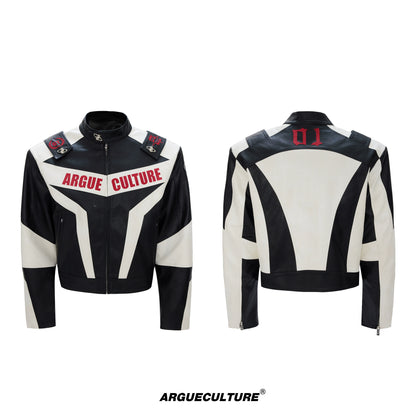 Logo Embroidery Colorblock PU Leather Jacket WN22593