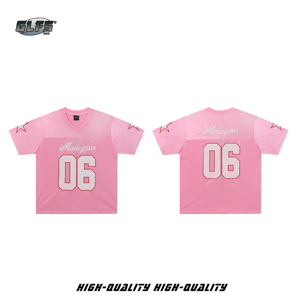Appliqué Embroidery V-Neck Oversize Short Sleeve T-Shirt WN26567