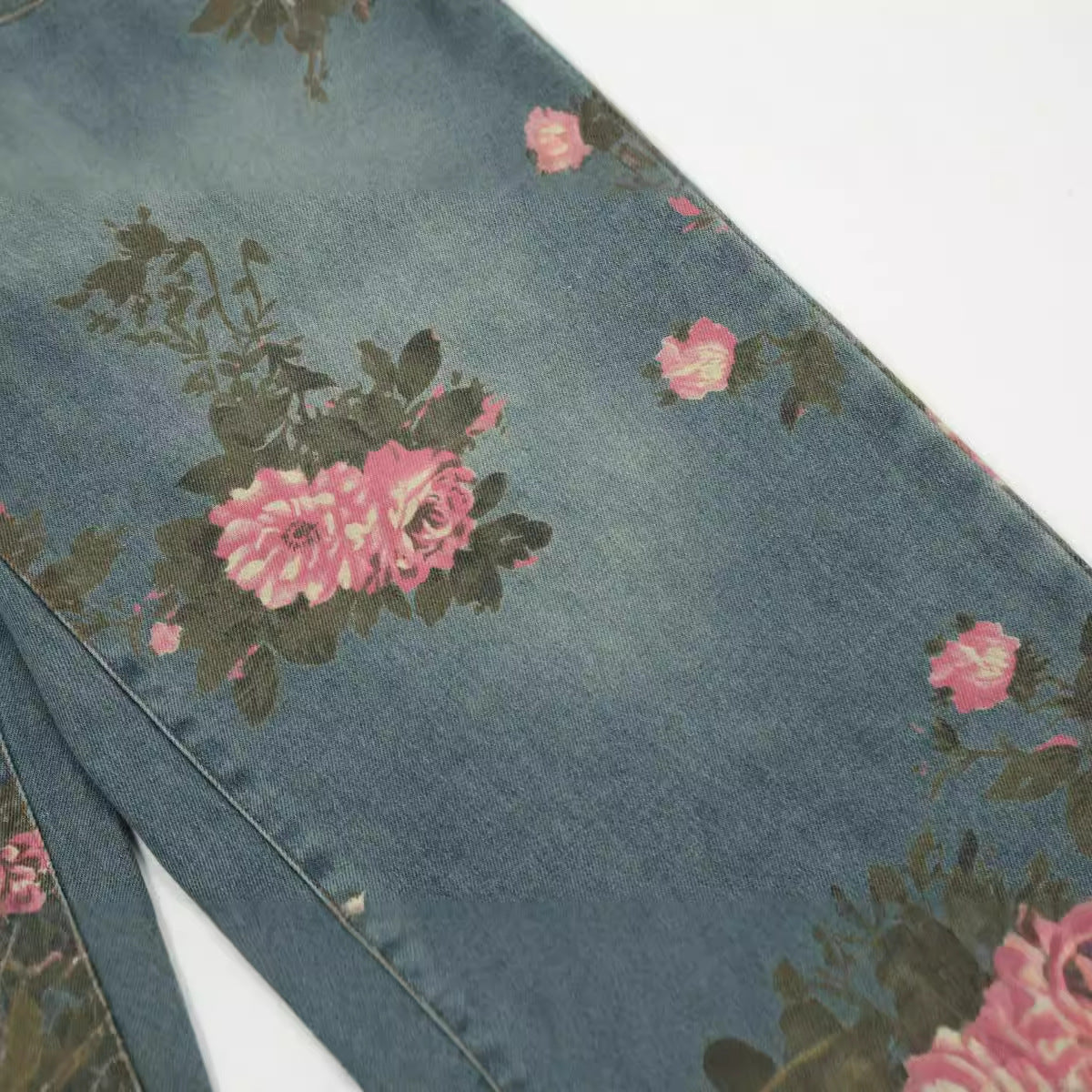 Froral Print Wide-Leg Straight Denim Jeans WN11109