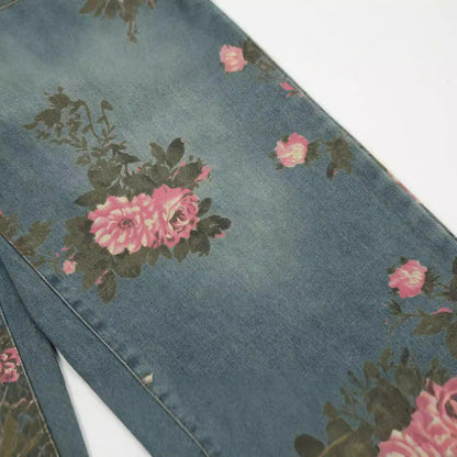 Froral Print Wide-Leg Straight Denim Jeans WN11109