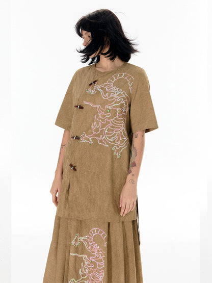 Chinese Style Dragon Embroidery Short Sleeve T-Shirt WN18860