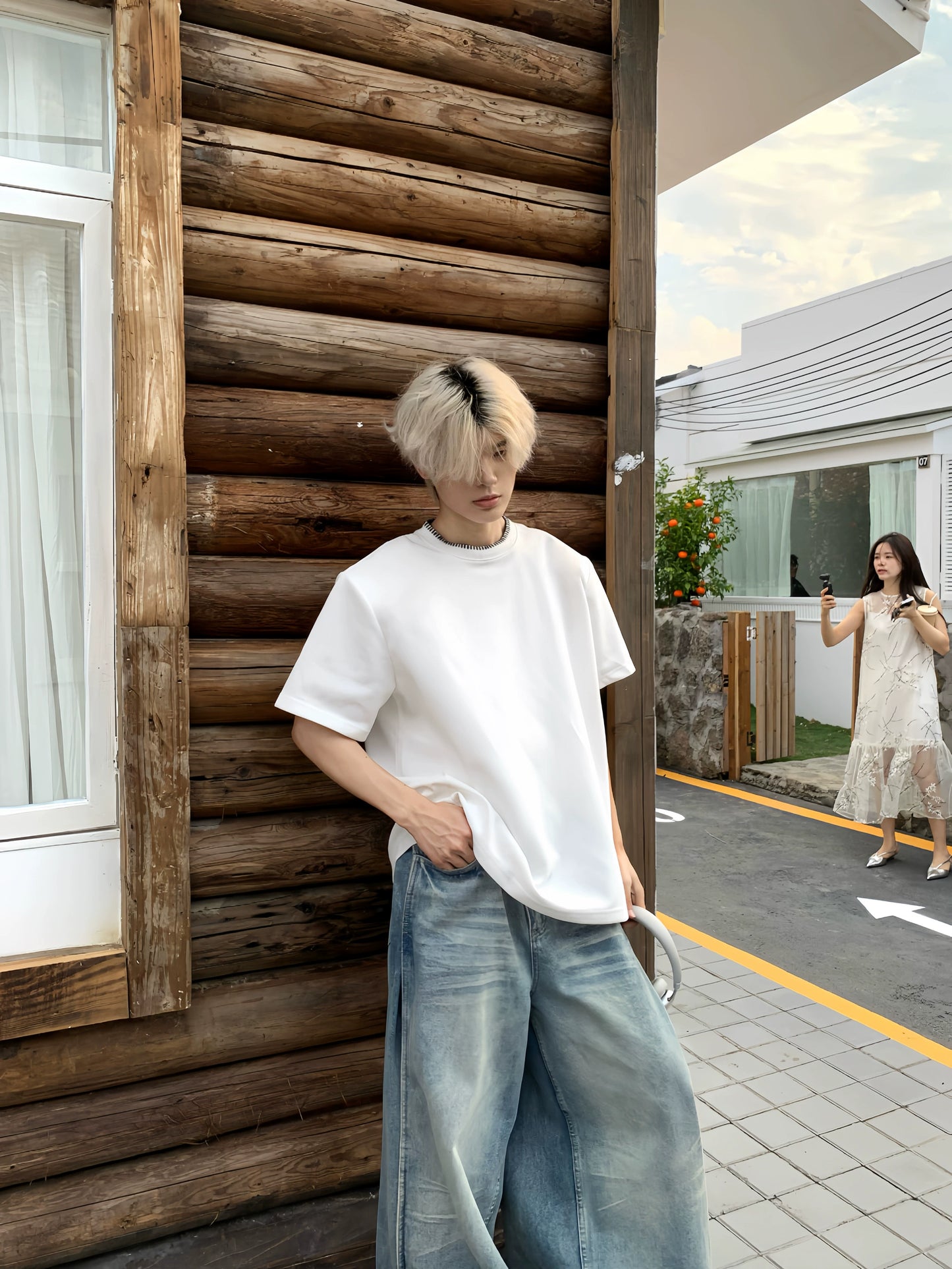 Shoulder-Pad Patchwork Oversize Short Sleeve T-Shirt WN19875