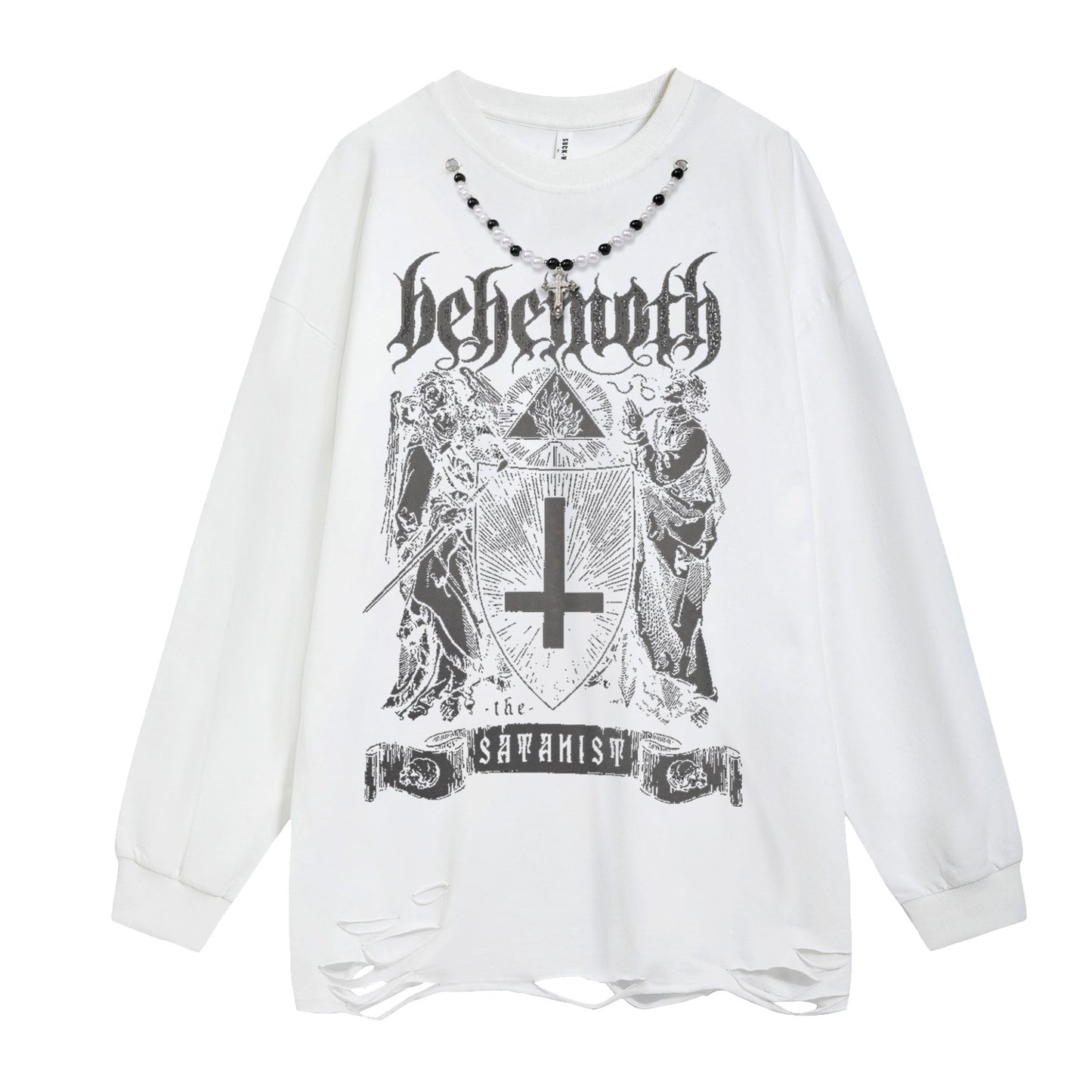 Oversize Cross Print Washed Damage Long Sleeve T-Shirt WN16491
