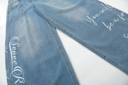 Washed Letter Print Wide Leg Denim Jeans WN25563