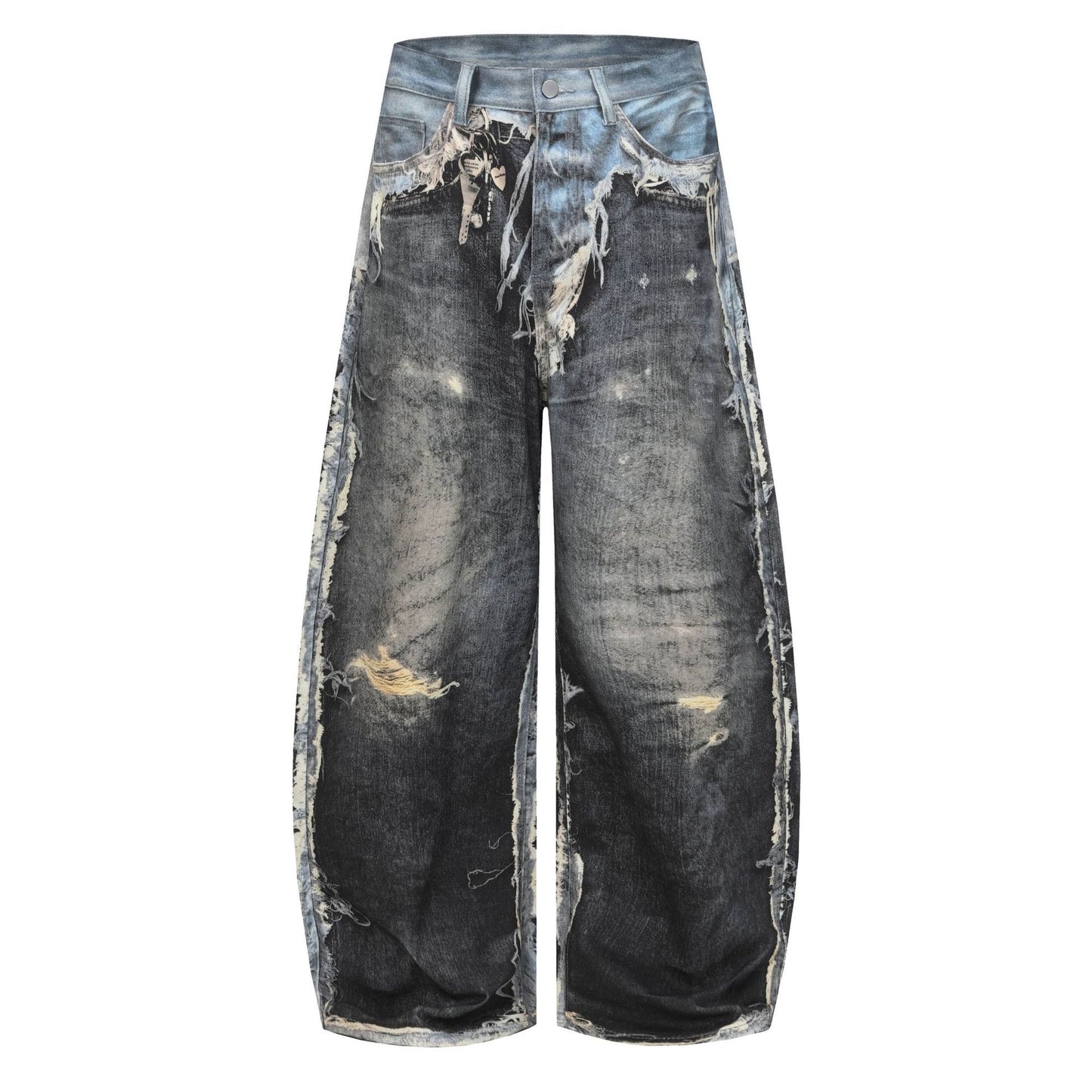 Distressed Frayed Mix Patchwork Wide Leg Denim Jeans WN23604