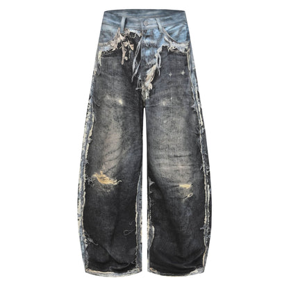 Distressed Frayed Mix Patchwork Wide Leg Denim Jeans WN23604