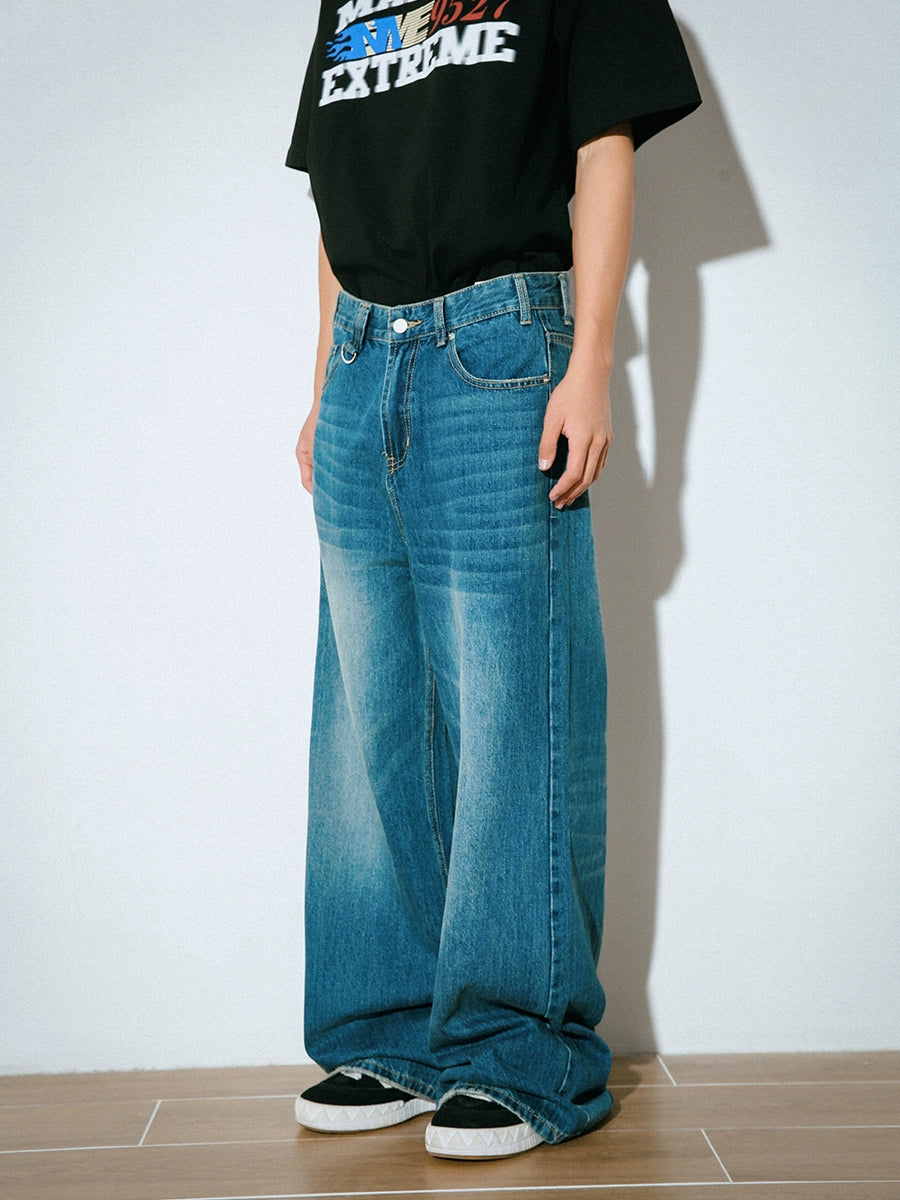 Washed Wide Leg Straight Denim Jeans WN9575