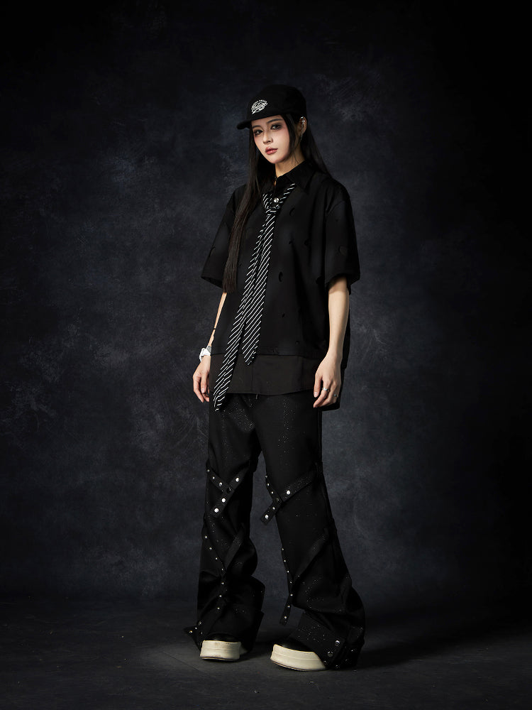 Detachable Studs Metal Strap Flare Trousers WN15231