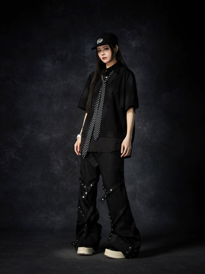 Detachable Studs Metal Strap Flare Trousers WN15231