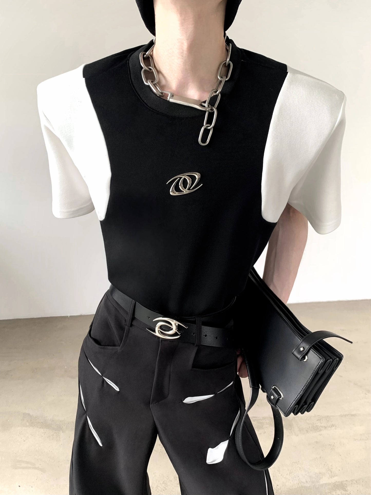 Colorblock Shoulder-pad Short Sleeve T-Shirt WN20349