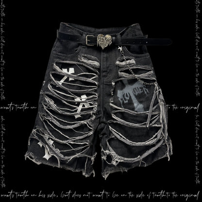 Washed Damage Design Five Pocket Half Denim Jeans & Belt & Waist Chain WN20092