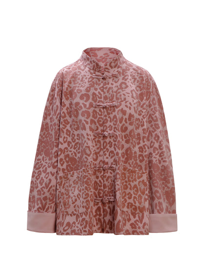 Leopard Print Frog Button Stand Neck Oversize Jacket WN26296