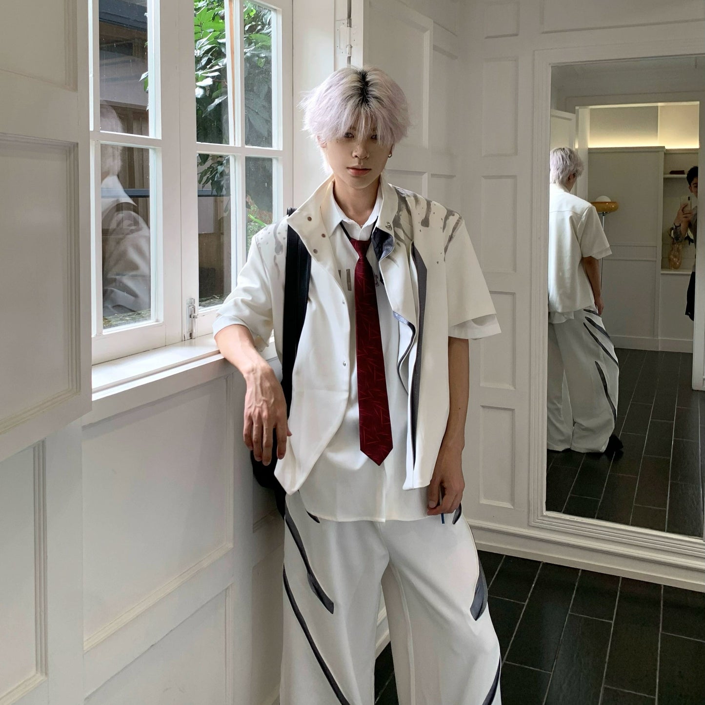 Paint Deconstructed Metal Short Sleeve Jacket & Paint Wide Leg Pants Setup WN19756