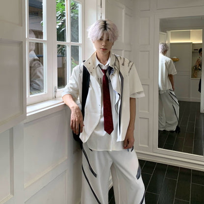 Paint Deconstructed Metal Short Sleeve Jacket & Paint Wide Leg Pants Setup WN19756