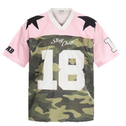 Sporty Pink Camo Star V-Neck Short Sleeve T-Shirt WN26507