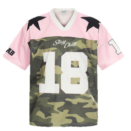 Sporty Pink Camo Star V-Neck Short Sleeve T-Shirt WN26507