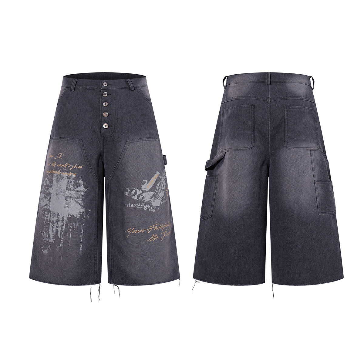 Denim Graffiti Damage Wide Leg Half Pants WN25658