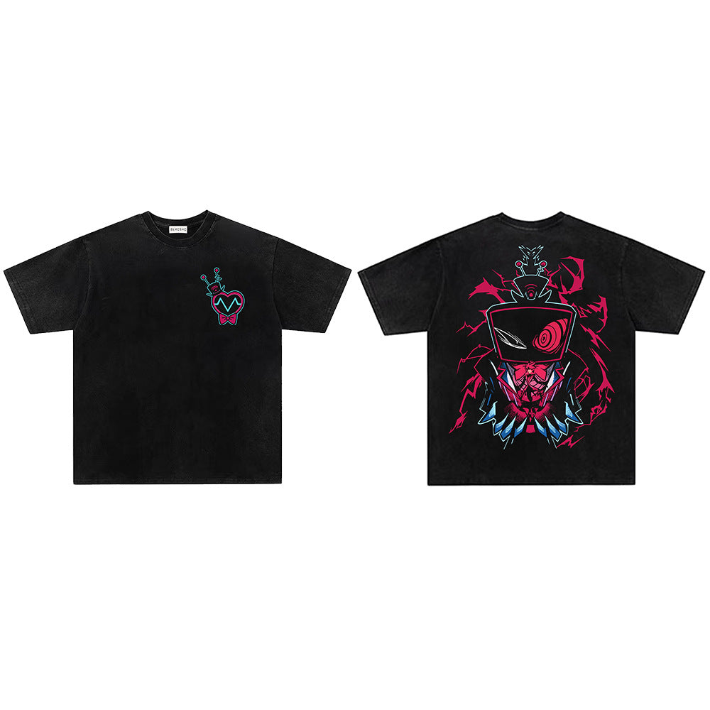 Washed Damage Cyberpunk Cartoon Print Short Sleeve T-Shirt WN26821