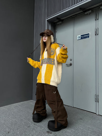 Stripe Embroidery Button Polo Knit Sweater WN24156