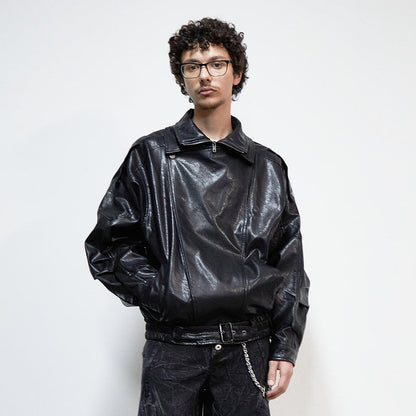 PU Leather Lapel Collar Utility Short Jacket WN22925