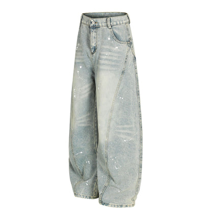 Ink Print Washed Wide Leg Curved Denim Jeans WN23030