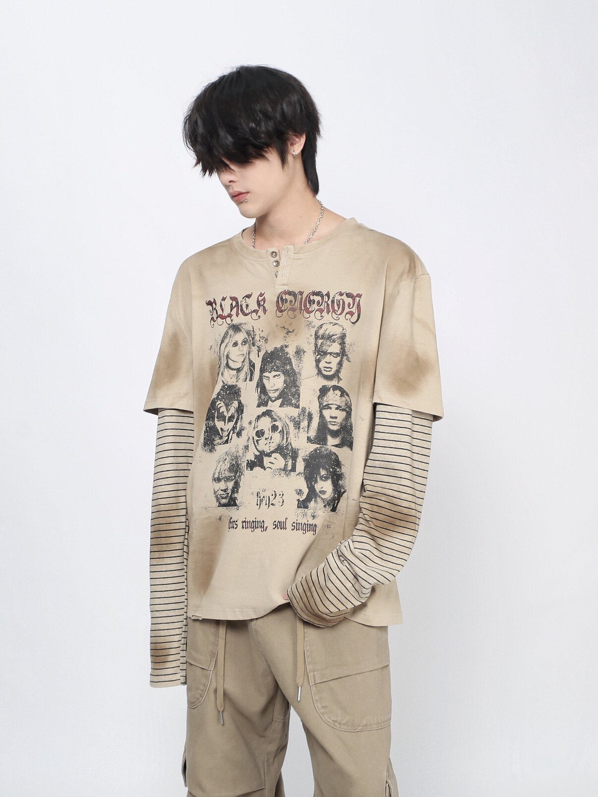 Oversize Portrait Graphic Fake Layered Long Sleeve T-Shirt WN24426