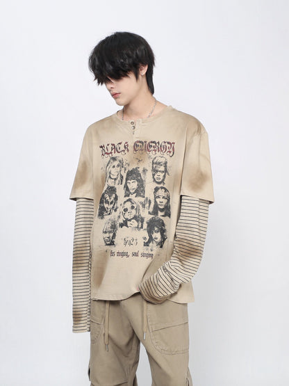 Oversize Portrait Graphic Fake Layered Long Sleeve T-Shirt WN24426