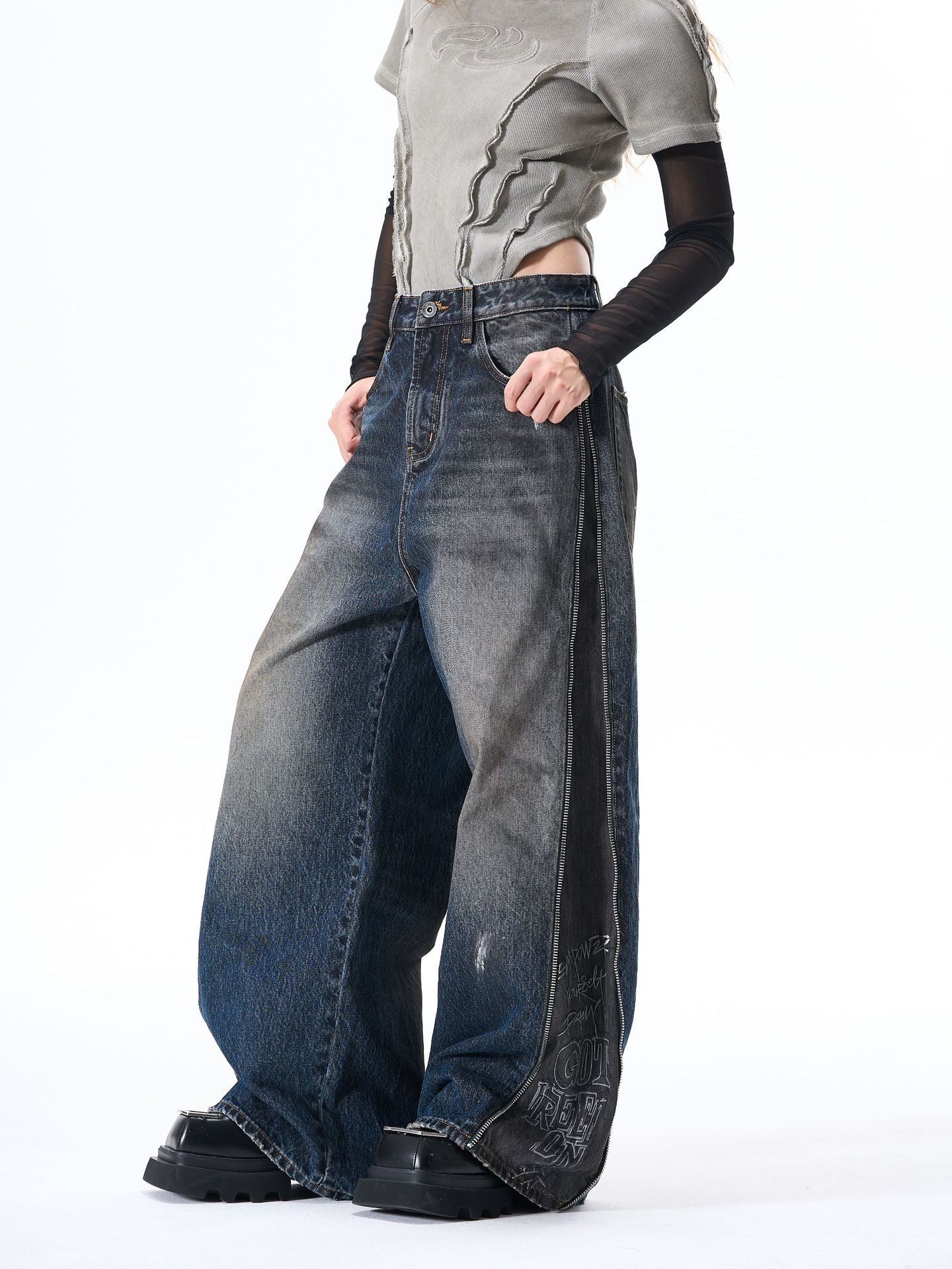 Panel Wash Wide Leg Denim Jeans WN23107