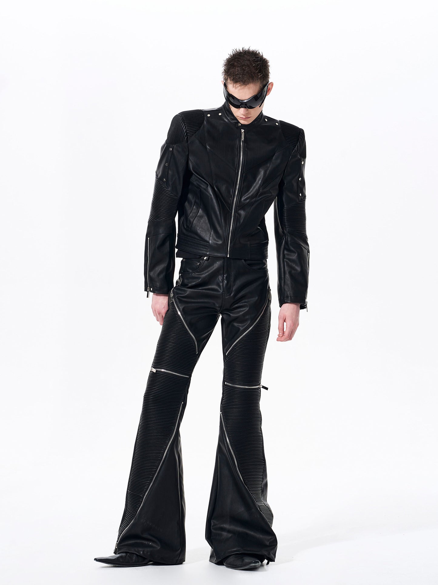 Apocalypse Knight Exoskeleton Stand Neck Leather Jacket & Flare pants Setup WN23281