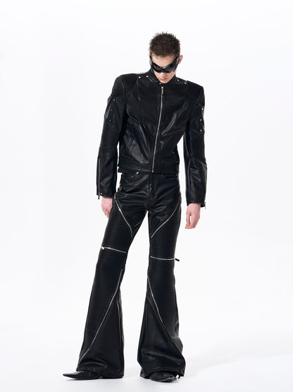 Apocalypse Knight Exoskeleton Stand Neck Leather Jacket & Flare pants Setup WN23281