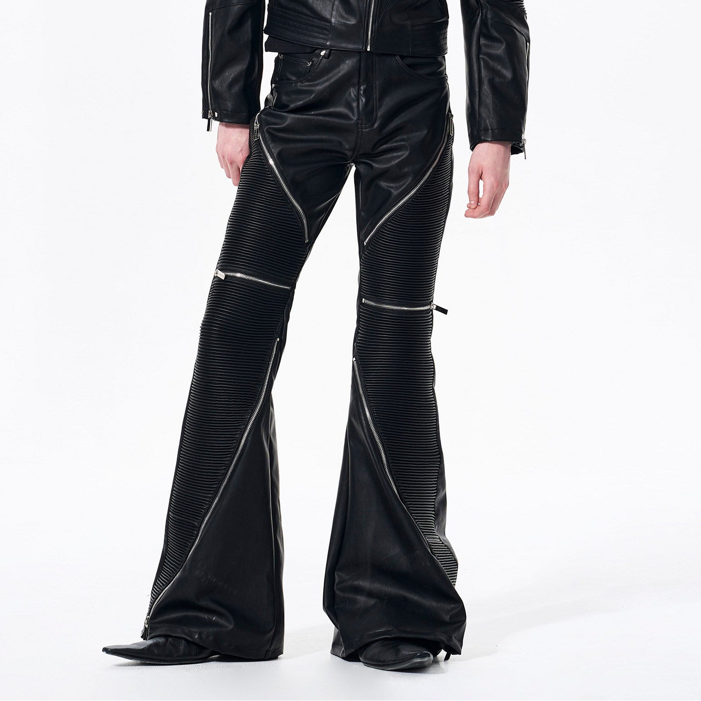 Apocalypse Knight Exoskeleton Stand Neck Leather Jacket & Flare pants Setup WN23281