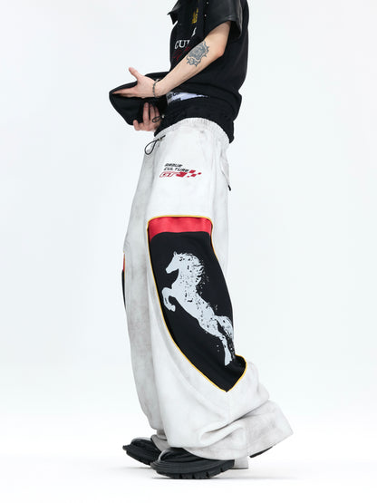 Racing Embroidery Fake Layered Double-Waist Wide Leg Sweatpants WN26985