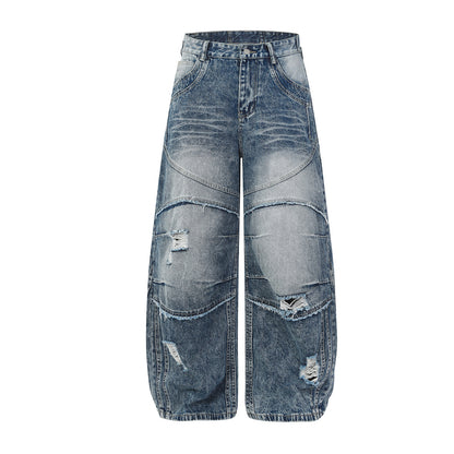 Washed Damage Splice Wide Leg Denim Jeans WN25742