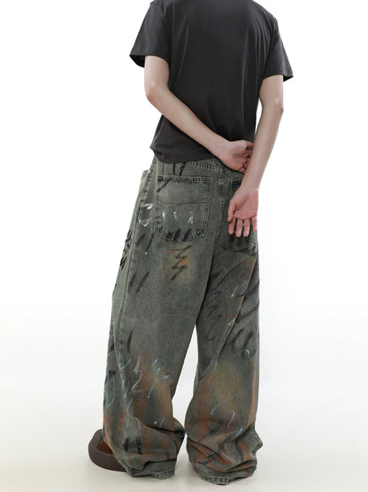 Wash Graffiti Design Wide-Leg Denim Jeans WN5331