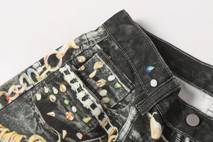 Chain Paint  3D Print Washed Wide Leg Denim Jeans WN25475