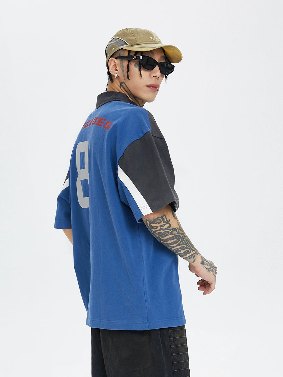 Heavyweight Washed Patchwork Graphic Polo T-Shirt WN12166