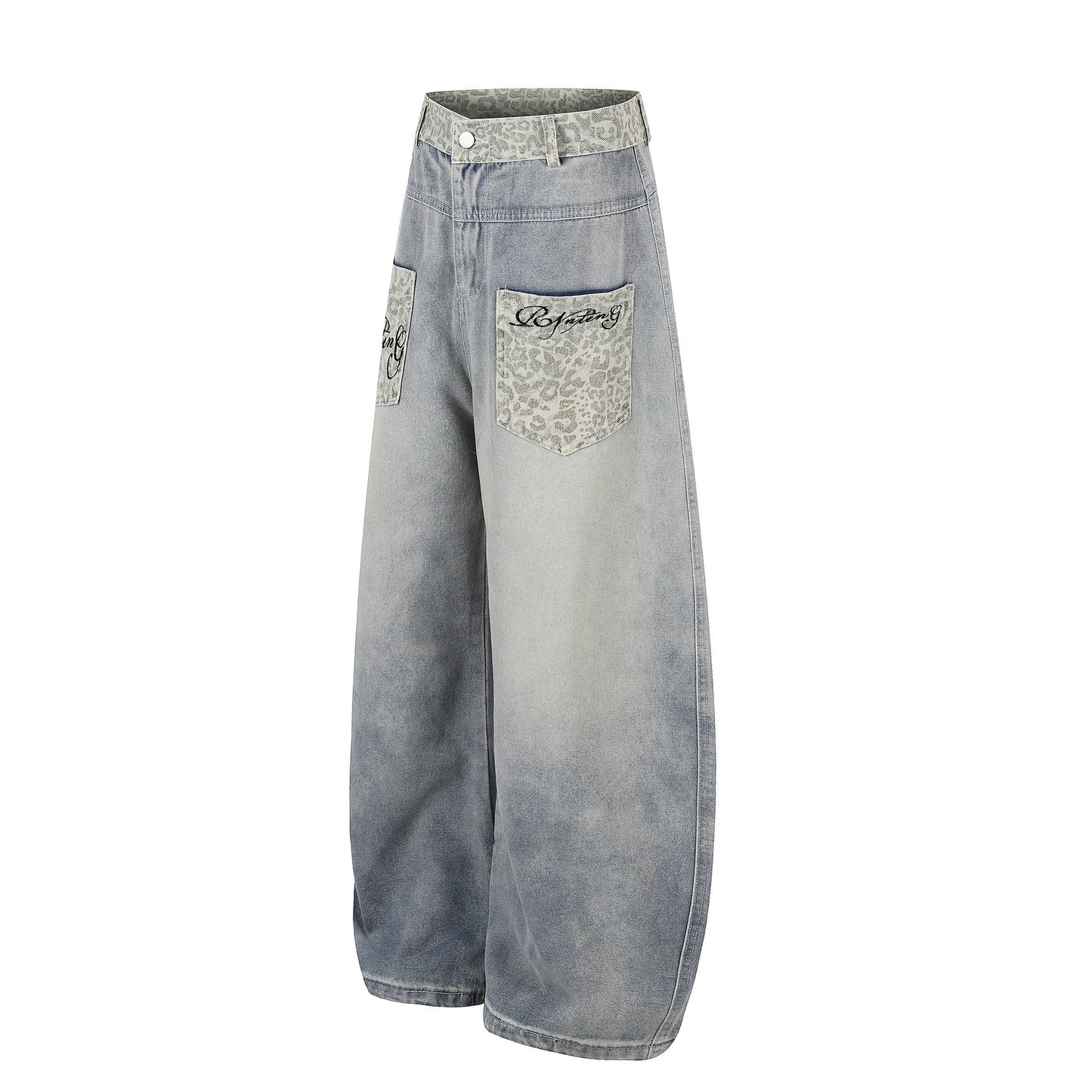 Leopard Print Curved Wide Leg Denim Jeans WN25702