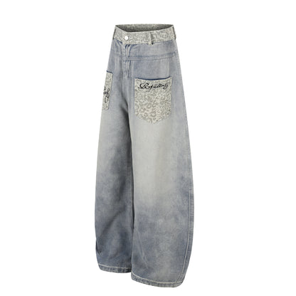 Leopard Print Curved Wide Leg Denim Jeans WN25702