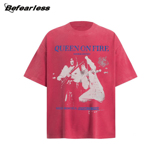 Washed Band Print Oversize Short Sleeve T-Shirt WN26403