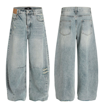 Wash Damage Wide Leg Curved Denim Jeans WN25878