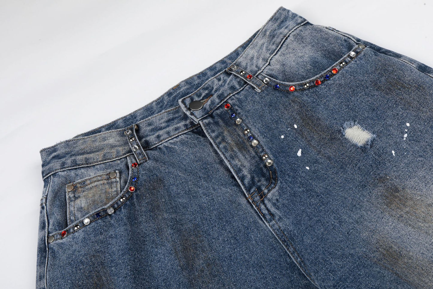 Washed Paint Damage Wide Leg Denim Jeans WN25394