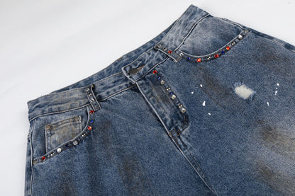 Washed Paint Damage Wide Leg Denim Jeans WN25394