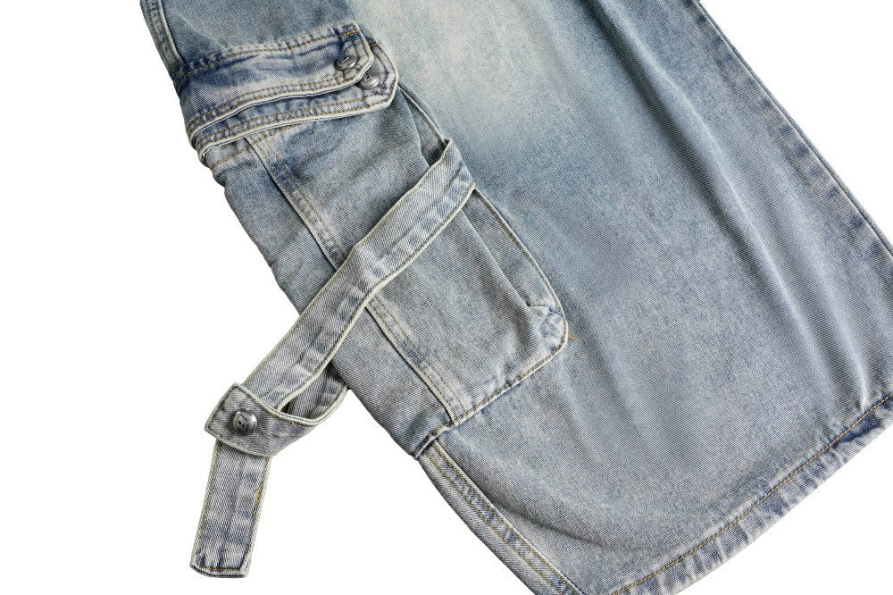 Bleached Cargo Pocket Wide Leg Denim Jeans WN27998