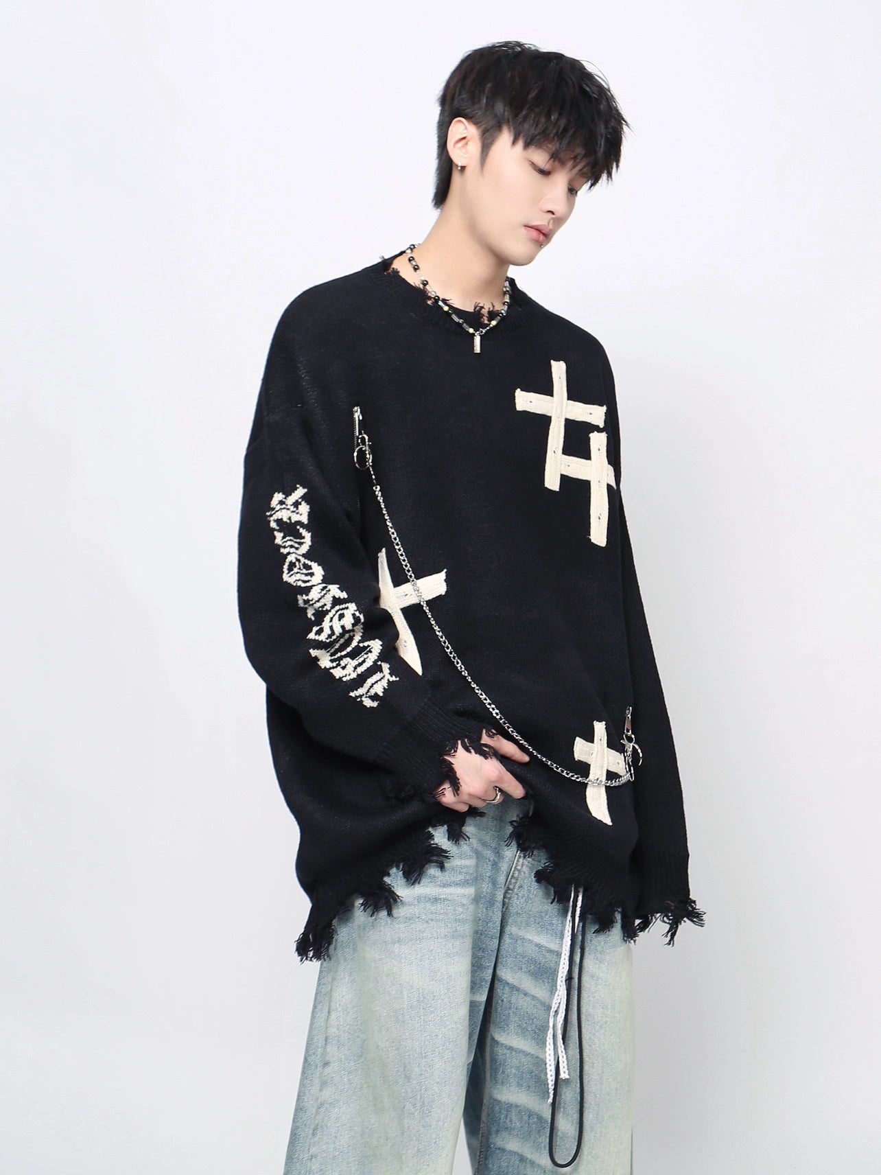 Gothic Cross Jacquard Oversize Knit Sweater WN21053