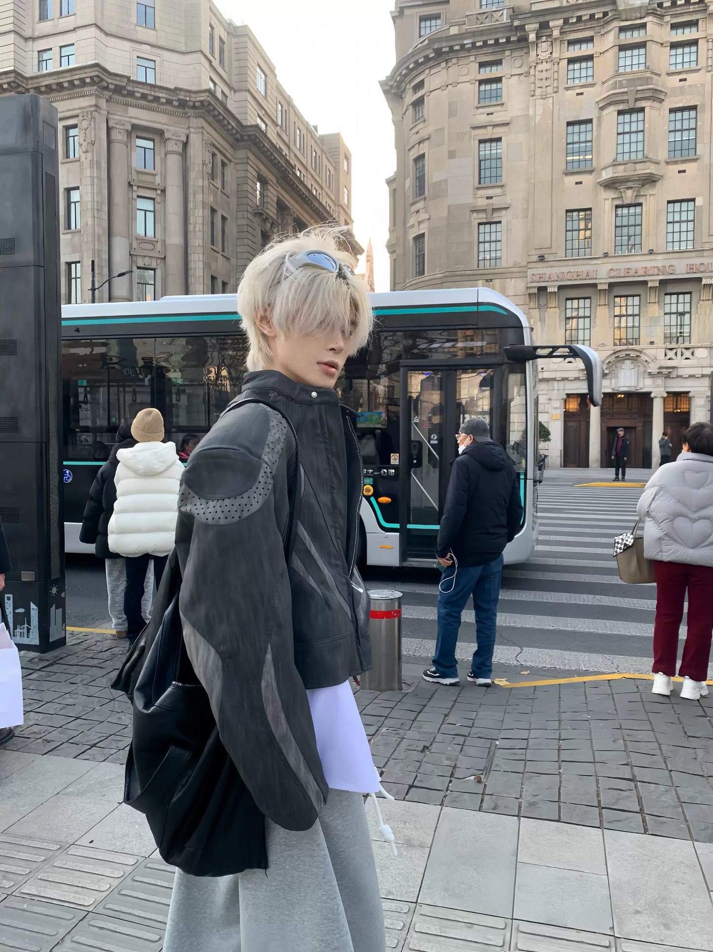 Heavy Pleats Standing-Collar PU Leather Jacket WN19795