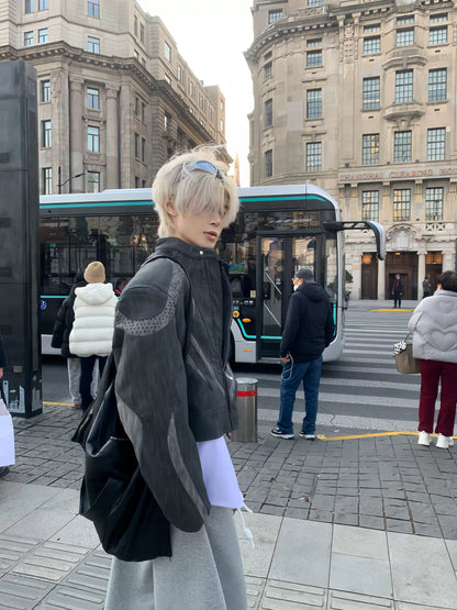 Heavy Pleats Standing-Collar PU Leather Jacket WN19795