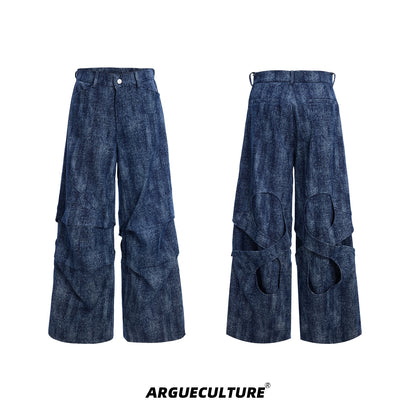 Marbled Pleats Texture Wide-Leg Straight Denim Jeans WN16331