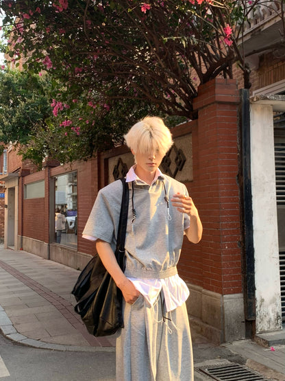 Drawstring Short Sleeve Polo shirt & Straight Leg Pants Setup WN19876