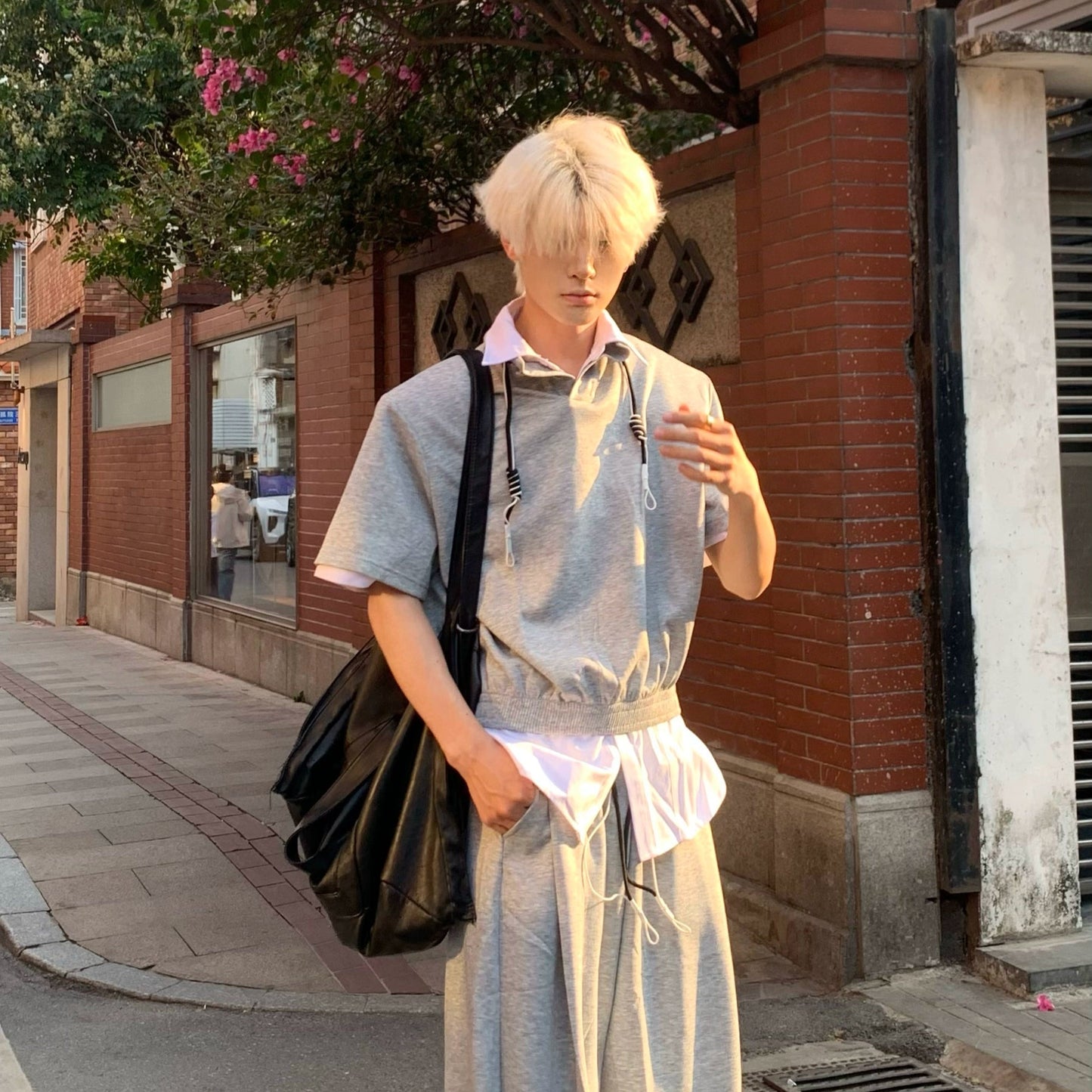 Drawstring Short Sleeve Polo shirt & Straight Leg Pants Setup WN19876