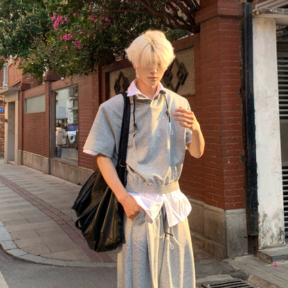 Drawstring Short Sleeve Polo shirt & Straight Leg Pants Setup WN19876